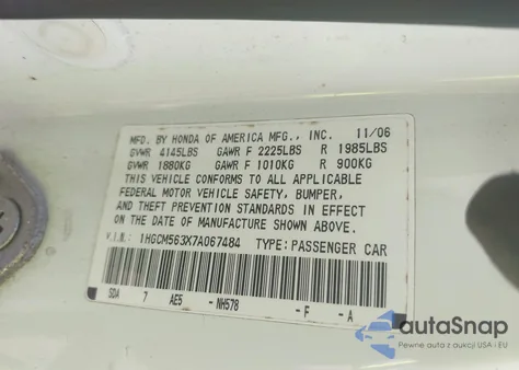 2007 Honda Accord 2.4 Se from USA, damaged, VIN 1HGCM563X7A067484